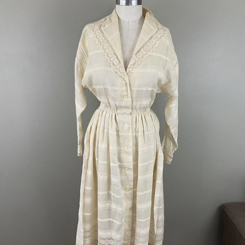 Vtg 70s Albert Capraro Womens Midi Dress XS S Ivory Lace Gunne Style - Picture 10 of 16